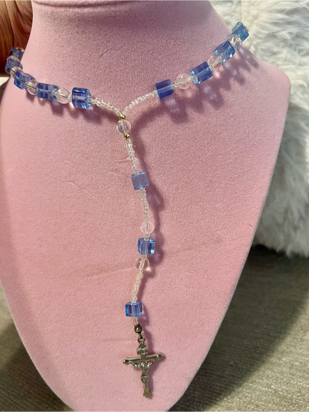 Handmade Blue Bead Rosary Necklace